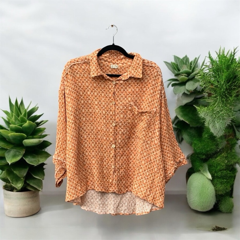 Free People Orange Patterned Button-Down Shirt